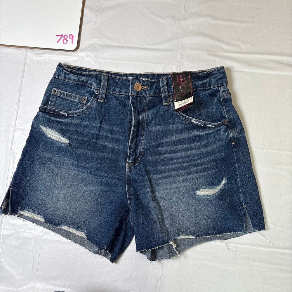 No Boundaries Womens High Rise Destructed Midi Denim Shorts Dark Wash Size 7 NEW